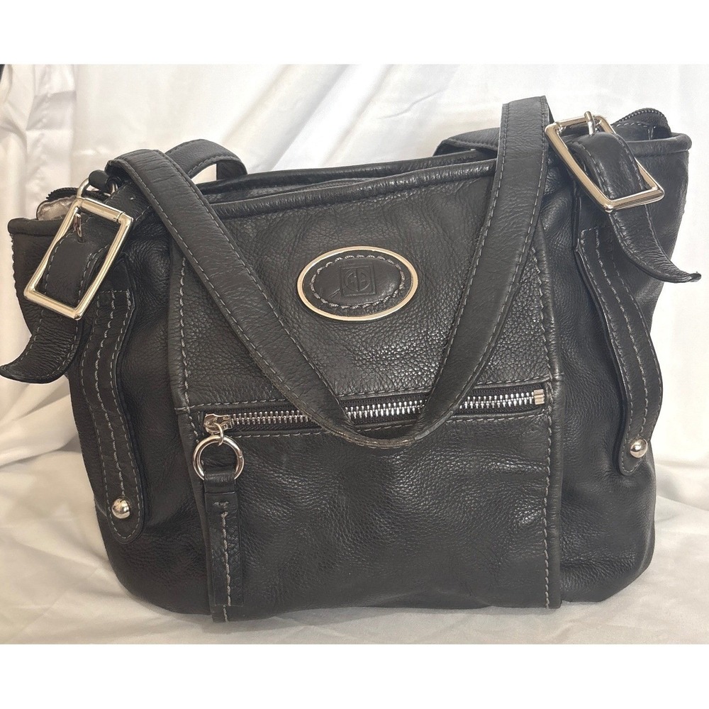 Giani Bernini Black Pebbled Leather Shoulder Bag Multi Pocket Tote Silver Buckle